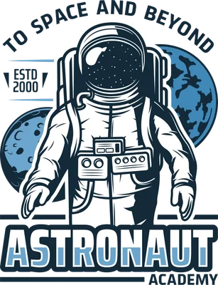 Hình minh họa phi hành gia mặc đồ du hành vũ trụ, có Trái Đất và Mặt Trăng, cùng dòng chữ 'Astronaut Academy'.