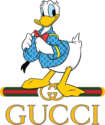 Hình ảnh hoạt hình Vịt Donald mặc áo khoác in họa tiết Gucci và đeo nơ đỏ, đứng trên logo Gucci.