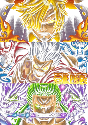 Hình ảnh ba nhân vật chính trong One Piece: Monkey D. Luffy, Roronoa Zoro và Vinsmoke Sanji, với phong cách vẽ mạnh mẽ và màu sắc ấn tượng.