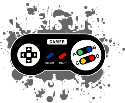 Hình minh họa tay cầm chơi game cổ điển màu đen trắng với chữ 'LIFE IS JUST A GAME' và hiệu ứng vệt mực.