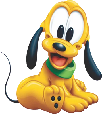 Hình ảnh chú chó Pluto của Disney màu vàng tươi, tai đen, đeo vòng cổ xanh lá, đang ngồi cười vui vẻ.