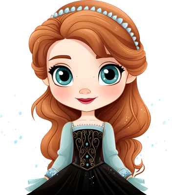 Hình minh họa công chúa Anna chibi tóc đỏ, mắt xanh to tròn, mặc váy đen xanh, cài băng đô xanh trên nền xám.