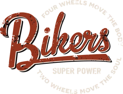 Thiết kế chữ Bikers phong cách retro màu đỏ nâu với hiệu ứng sờn cũ, kèm câu nói về xe 2 bánh và 4 bánh.