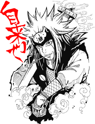 Hình vẽ nhân vật Jiraiya từ Naruto, đội băng đô hình con ếch, đang hút thuốc, với chữ kanji màu đỏ bên trái và mây khói bao quanh.