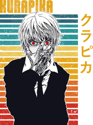 Hình ảnh Kurapika từ Hunter x Hunter với đôi mắt đỏ rực, đeo găng tay xích, trên nền sọc ngang màu retro.