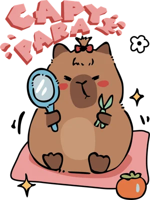 Hình vẽ hoạt hình capybara dễ thương ngồi trên thảm hồng, cầm gương và kéo, với chữ 'CAPY PARA' màu hồng nổi bật.