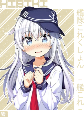 Hình ảnh cô gái anime tóc bạc dài, mắt xanh to tròn, mặc đồng phục thủy thủ, đội mũ có mỏ neo, biểu cảm ngại ngùng, má ửng hồng.