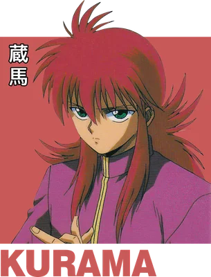 Hình ảnh nhân vật anime Kurama với mái tóc đỏ rực, đôi mắt xanh lá cây sắc sảo, mặc áo tím.