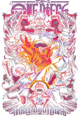 Hình ảnh ba anh em Luffy, Ace, Sabo trong One Piece với phong cách vẽ ấn tượng, màu sắc rực rỡ.
