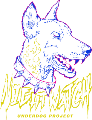 Hình vẽ đầu chó Doberman hung dữ với vòng cổ gai, viền màu xanh, hồng và lửa vàng, chữ Night Watch.