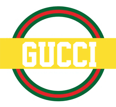Logo Gucci với sọc xanh lá, đỏ và chữ GUCCI trên nền vàng