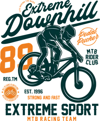 Hình ảnh minh họa vận động viên xe đạp địa hình đang đổ dốc, với chữ 'Extreme Downhill' và các thông tin liên quan.