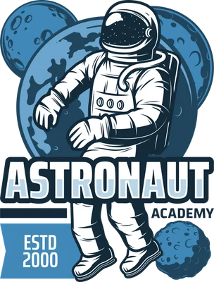 Hình ảnh phi hành gia hoạt hình màu trắng và xanh dương đứng giữa các hành tinh, với chữ Astronaut Academy.