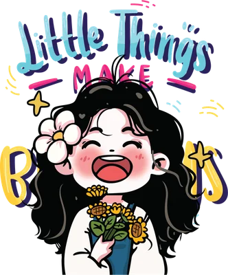 Hình vẽ cô gái chibi tóc đen, má hồng, cười tươi, cầm bó hoa hướng dương, có chữ 'Little Things Make Big Things'