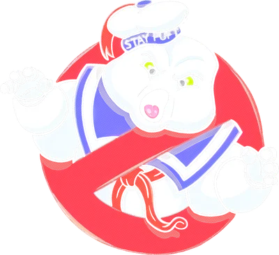 Hình vẽ nhân vật Stay Puft Marshmallow Man từ phim Ghostbusters, mặc đồng phục thủy thủ, với biểu tượng cấm màu đỏ.