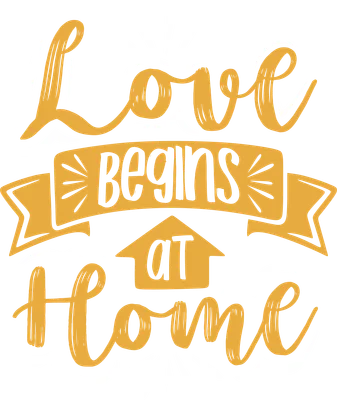 Hình ảnh chữ viết tay màu vàng và trắng 'Love begins at Home' với biểu tượng ngôi nhà và tia sáng trên nền xám.