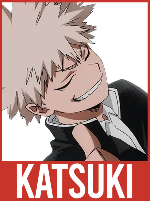 Hình ảnh nhân vật anime Katsuki Bakugo với mái tóc vàng nhọn, cười nham hiểm, mặc áo đen và cổ áo trắng.