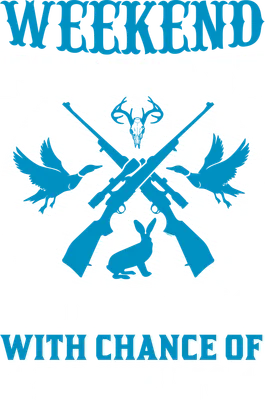 Thiết kế đồ họa chủ đề săn bắn với súng, hươu, thỏ và vịt cùng dòng chữ Weekend Forecast Hunting