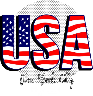 Hình in chữ USA 3D với họa tiết cờ Mỹ, kèm dòng chữ New York City và Core Denim trên nền xám.