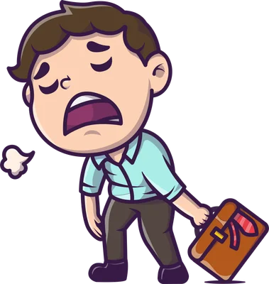 Hình vẽ hoạt hình một người đàn ông mệt mỏi, thở hổn hển, tay kéo một chiếc vali màu nâu.