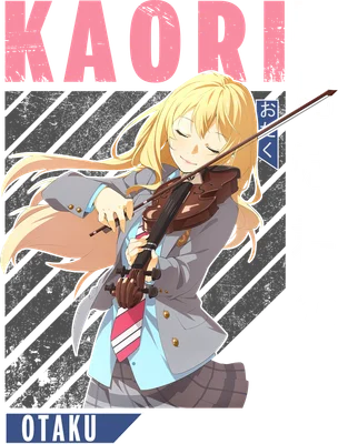Hình ảnh cô gái anime tóc vàng chơi violin, mặc đồng phục, có chữ KAORI và tiếng Nhật