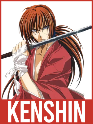 Hình ảnh Kenshin Himura trong anime Samurai X, cầm kiếm với biểu cảm nghiêm nghị.