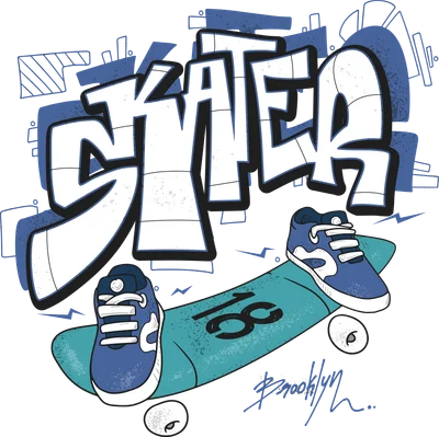Hình minh họa chữ SKATER phong cách graffiti, ván trượt màu xanh ngọc và đôi giày thể thao màu xanh dương trên nền xám.
