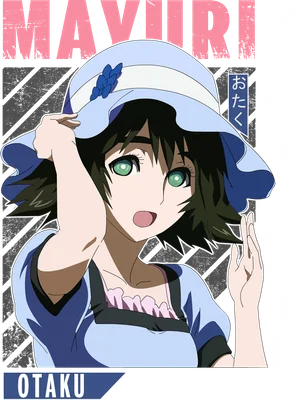 Hình ảnh cô gái anime đội mũ rộng vành màu xanh, tóc đen, mắt xanh lá cây, mặc váy xanh nhạt.