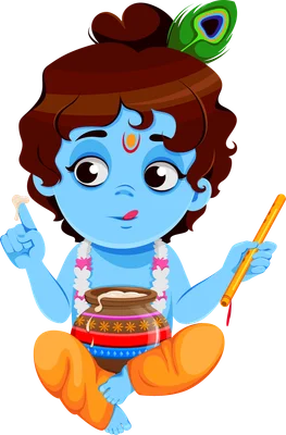 Hình vẽ hoạt hình bé Krishna màu xanh dương, đội lông công, cầm sáo và hũ bơ, ngồi khoanh chân.