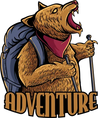 Hình minh họa gấu nâu đeo balo đi leo núi phong cách hoạt hình với chữ Adventure