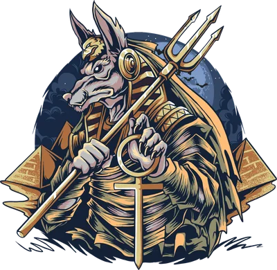 Hình minh họa thần Anubis Ai Cập cổ đại cầm đinh ba và biểu tượng Ankh, phong cách nghệ thuật chi tiết