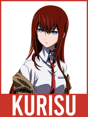 Hình ảnh nhân vật anime Kurisu Makise với mái tóc đỏ dài, đôi mắt xanh và mặc áo sơ mi trắng, cà vạt đỏ.