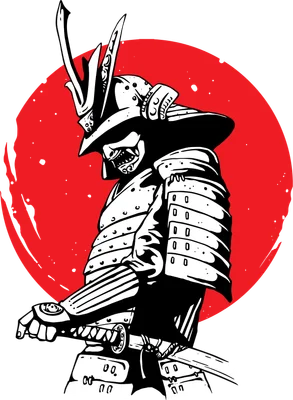 Hình minh họa chiến binh Samurai Nhật Bản với áo giáp, kiếm katana, đứng trước mặt trời đỏ trên nền xám.