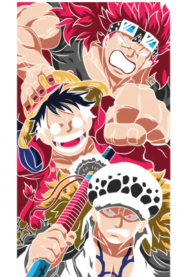 Hình ảnh ba nhân vật Monkey D. Luffy, Eustass Kid và Trafalgar D. Water Law từ One Piece, vẽ theo phong cách anime.