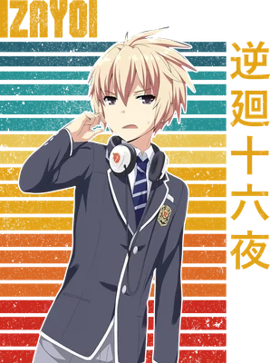 Hình ảnh chàng trai anime tóc vàng, đeo tai nghe, mặc đồng phục học sinh, với nền sọc ngang nhiều màu.