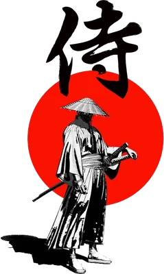 Hình ảnh chiến binh Samurai mặc áo truyền thống, đội nón lá, cầm kiếm, đứng trước vòng tròn đỏ lớn và chữ Hán.