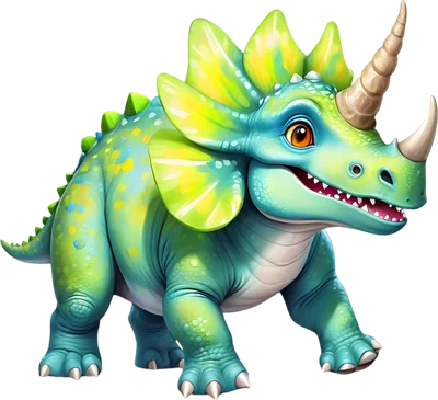 Hình ảnh khủng long hoạt hình Triceratops màu xanh lá và xanh dương, có sừng và vảy vàng, mắt to thân thiện.