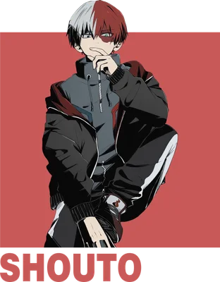 Hình vẽ anime nhân vật Shoto Todoroki với mái tóc hai màu đỏ trắng, mặc áo khoác đen và hoodie xám, ngồi tư thế cool ngầu.