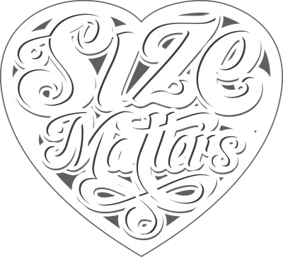 Thiết kế chữ nghệ thuật "Size Matters" trong hình trái tim, màu trắng và xám.