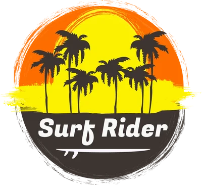 Biểu tượng lướt sóng với cây dừa và hoàng hôn rực rỡ, chữ 'Surf Rider'