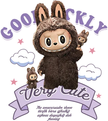 Hình ảnh chú thỏ bông lớn màu nâu với khuôn mặt đáng yêu, hai chú thỏ nhỏ, mây, sao và chữ 'GOOD LUCKLY', 'Very Cute'.