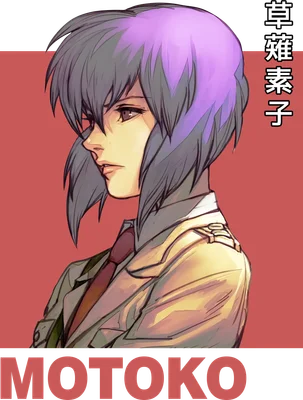 Hình vẽ nhân vật Motoko Kusanagi trong Ghost in the Shell, tóc tím xám, mặc áo khoác và cà vạt.
