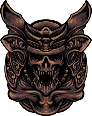 Hình ảnh đầu lâu samurai với chi tiết hoa văn cổ điển, màu nâu và đen.