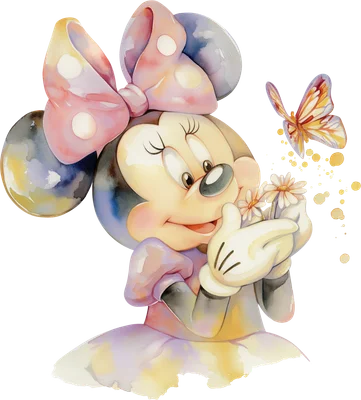 Chuột Minnie dễ thương phong cách màu nước, ôm hoa cúc trắng