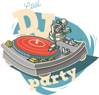 Hình ảnh minh họa bàn xoay DJ phong cách retro với chữ 'Cool DJ party'