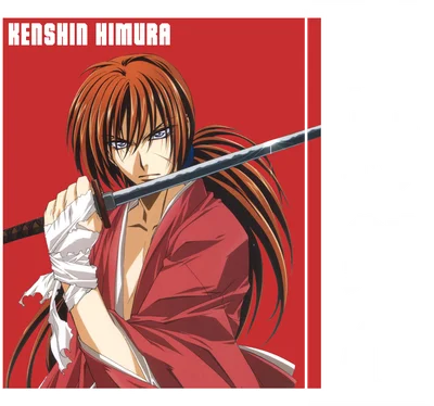 Hình ảnh Kenshin Himura, nhân vật anime Samurai cầm kiếm, với mái tóc đỏ và trang phục truyền thống.