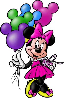 Minnie Mouse hoạt hình mặc váy hồng, cầm chùm bóng bay hình đầu Mickey nhiều màu sắc và hộp quà chấm bi