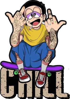 Hình vẽ Nobita ngầu xăm mình, hút thuốc, ngồi trên ván trượt, thể hiện thái độ 'chill'
