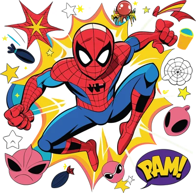 Hình ảnh Spider-Man đang bay nhảy với phong cách truyện tranh, bao quanh là các hiệu ứng âm thanh và vật thể vui nhộn.