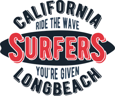 Thiết kế chữ "California Surfers" với dòng chữ "Ride the Wave" và "Long Beach" trên nền xám.